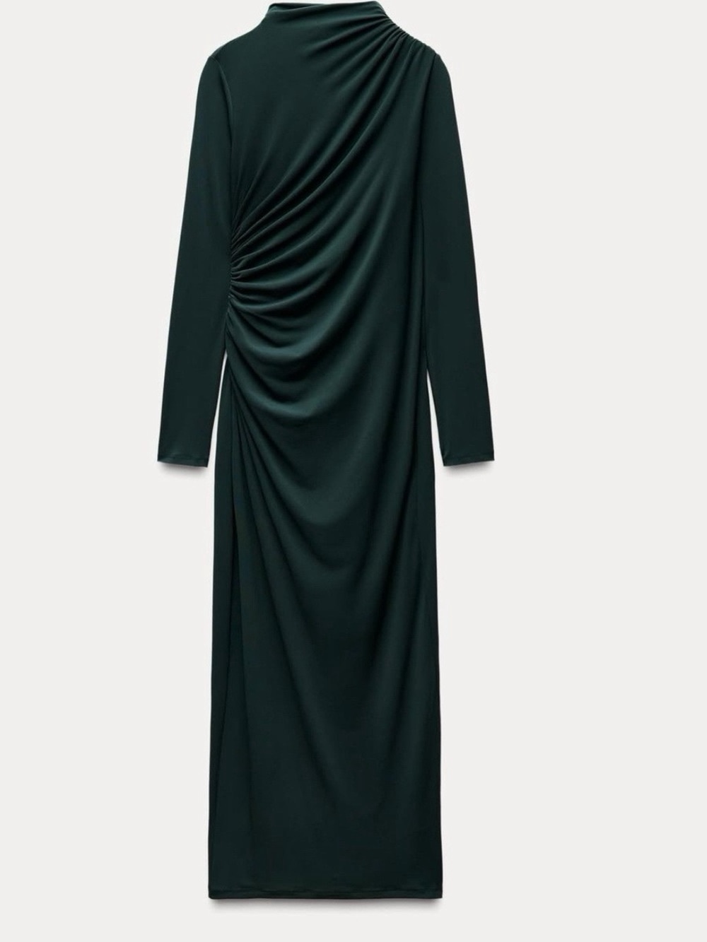Zara Dark Green Ruched Long-Sleeve Maxi Dress